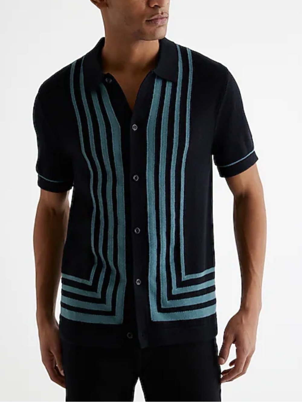 Multi Line Framed Cotton Short Sleeve Sweater Polo Sz M Black Teal